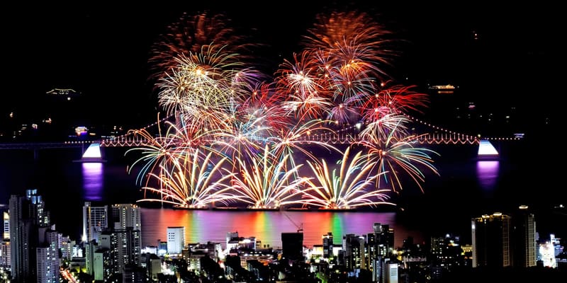 Fireworks over Gwangan Bridge and Gwangalli Beach during the Busan Fireworks Festival