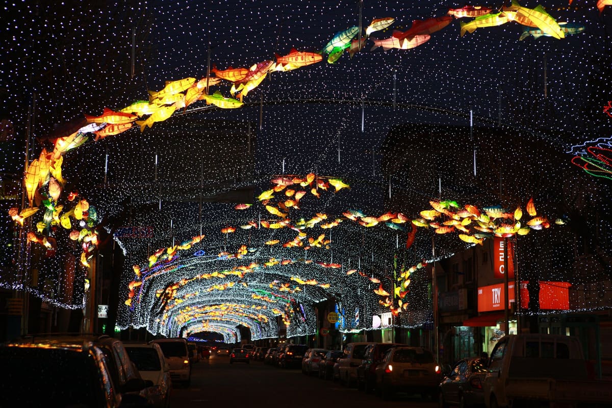 Trout-shaped lanterns over the main street of Hwacheon-eup at night