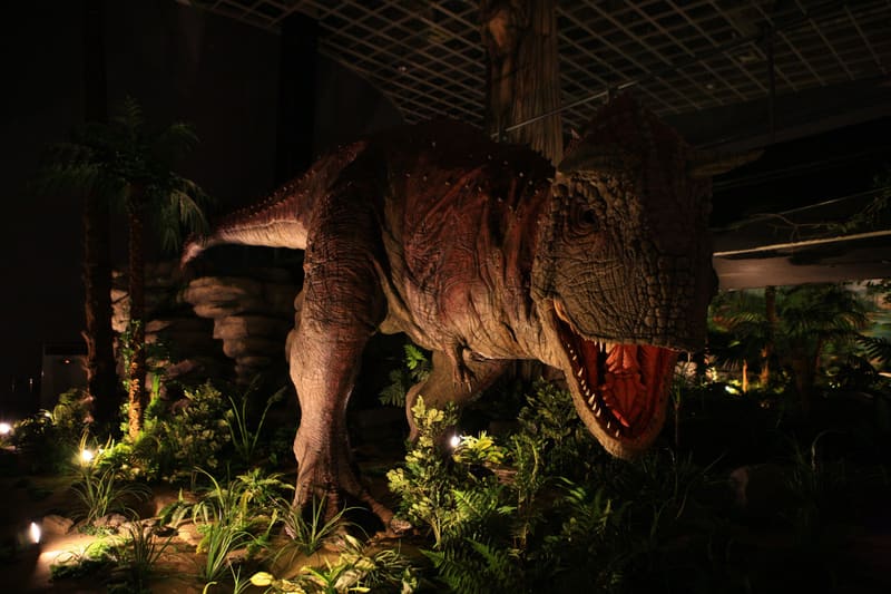 Life-size dinosaur models in an exhibition hall at Danghangpo, the expo's site, in 2010