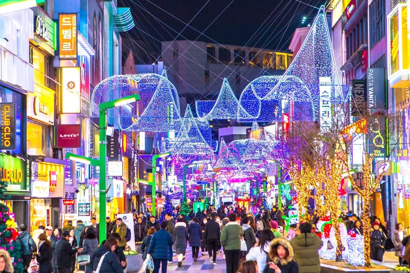 Gwangbok-ro lit up at night for the 2018 Busan Christmas Tree Culture Festival, as the festival was then called