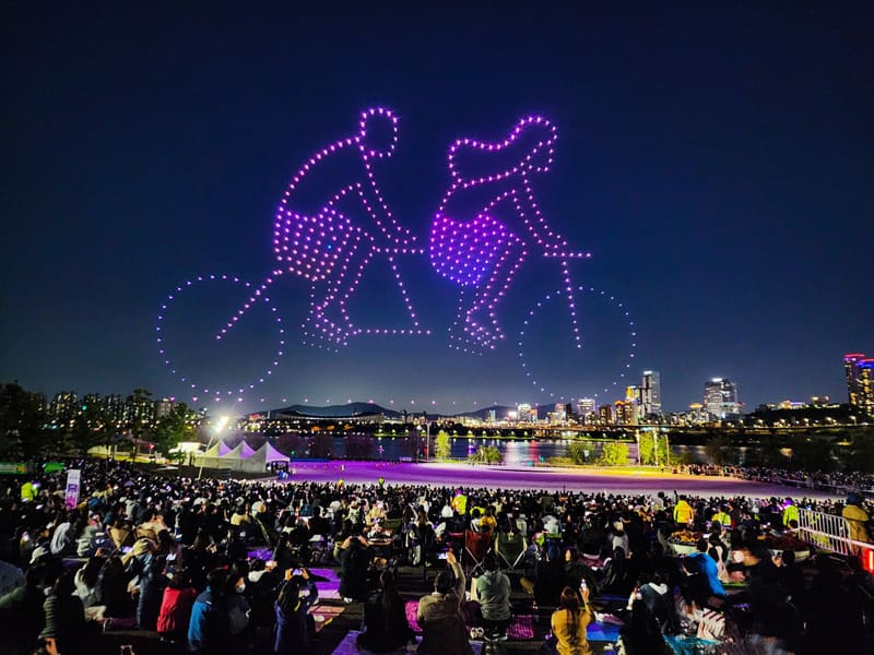 A drone light show over the Han River in Seoul, photographed in May 2023