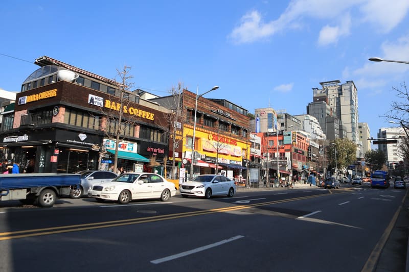 Shops and cafés along a main street in Itaewon, Seoul, the neighbourhood where the festival is held