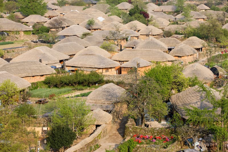 Thatched-roof houses inside the walls of Naganeupseong Folk Village in Suncheon, seen from above