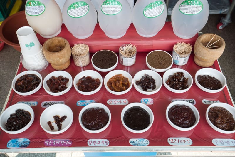 Bowls of gochujang and other fermented pastes in Sunchang, the county known for its red pepper paste