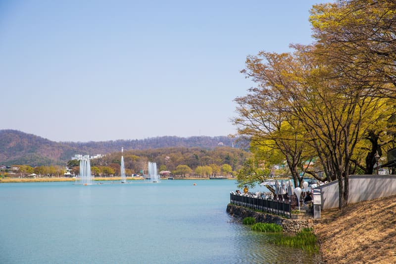 Suseongmot Lake in Daegu by day in spring; the light art festival is held around the lake after dark